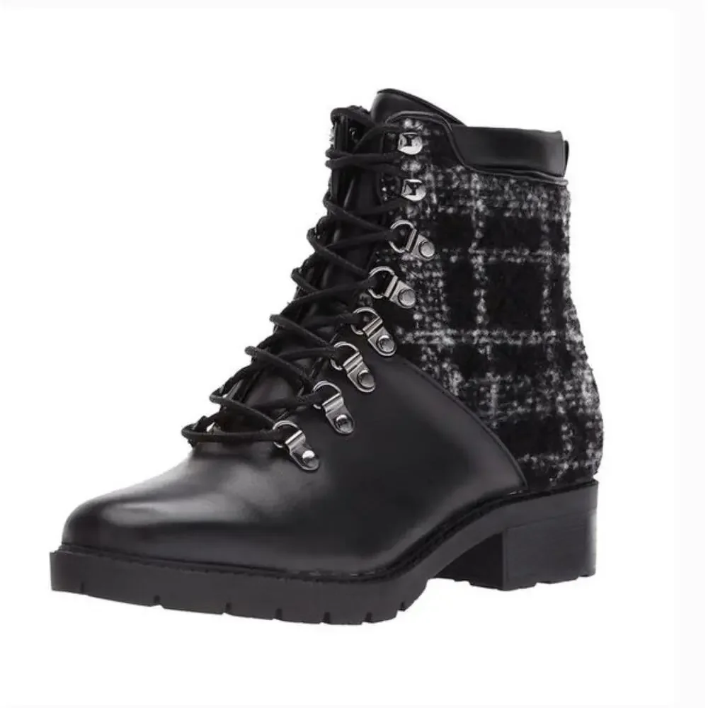 Marc Fisher Lanzia Combat Leather Boots 13 Black NWT Plaid Academia Prep Y2K 90s